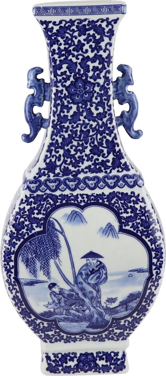 Fine Asianliving Chinese Vaas Blauw Wit Porselein Landschap D15xH45cm Blauw, Wit