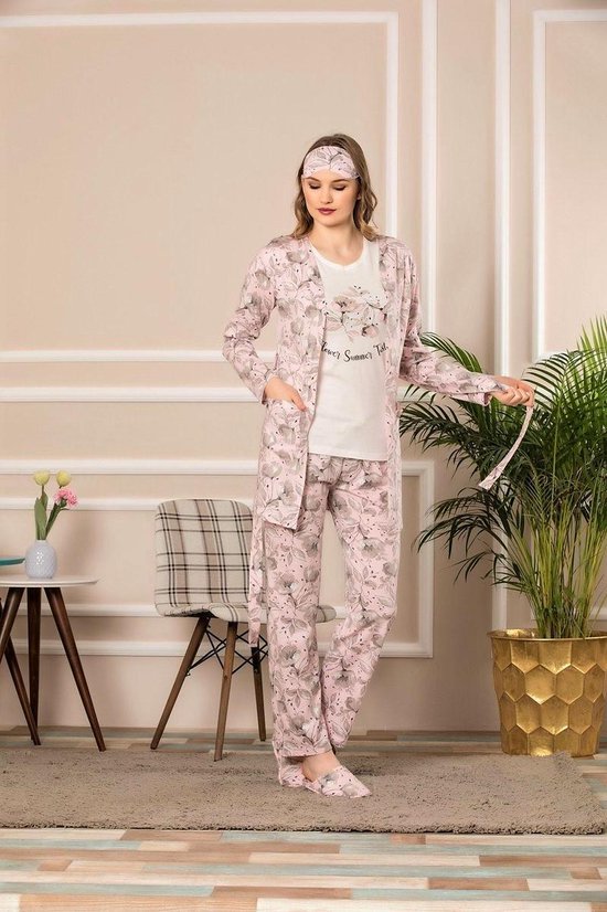 Sophia Mila Dames Luxe Pyjama Met Slaapmasker | 5-delige Set | Lange Mouwen | Pyama Dames Volwassenen | Lange mouw | Blouse | Katoen | Pyjama Dames | Maat XL
