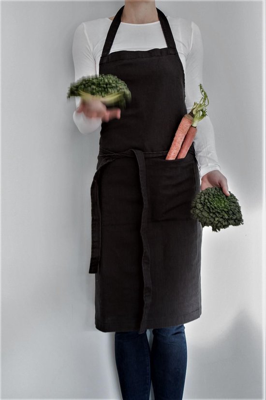 Duurzame lange linnen schort voor dames en heren/ size effen zwarte keukenschort... | bol.com