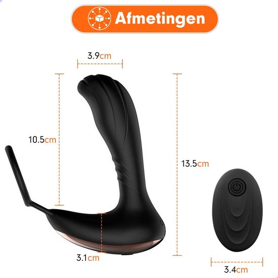 Afmetingen van de zwarte prostaat vibrator en afstandsbediening.