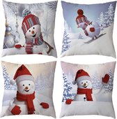 Kerst Kussenhoes - Kussenhoes - Pillow cover - Sneeuwpop - 45 x 45cm - Wit - 4Stuks
