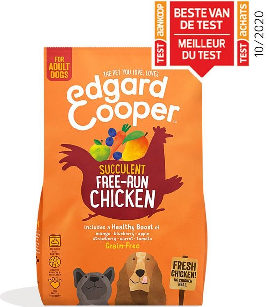 Oranje voerzak van Edgard Cooper met kipafbeelding en twee honden aan de onderkant. Met teststickers en 'Beste van de test' logo.