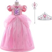 Prinsessenjurk meisje - Prinses - Roze - 134/140 + Tiara (Kroon) / Toverstaf + Juwelen + Handschoenen - verkleedkleren