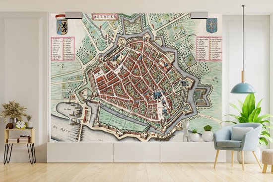 Papier peint photo vinyle - Plan coloré de la ville historique d'Arnhem en Gelderland - Plan d'étage largeur 400 cm x hauteur 300 cm - Tirage photo sur papier peint (disponible en 7 tailles)