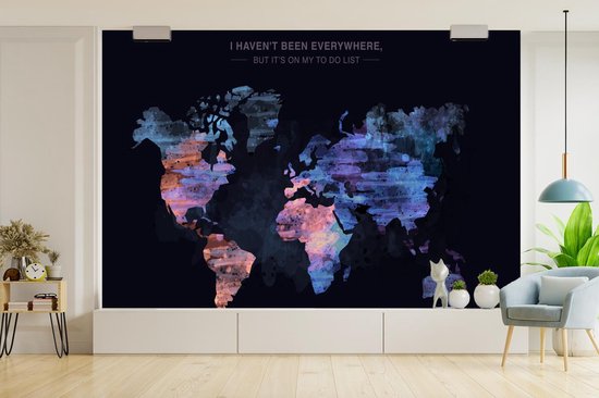 Papier peint photo en vinyle - Carte du monde aux anciennes couleurs pittoresques avec texte largeur 450 cm x hauteur 300 cm - Tirage photo sur papier peint (disponible en 7 tailles)