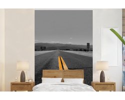 Behang - Fotobehang Zwart-wit foto van een weg met gele lijnmarkeringen - Breedte 145 cm x hoogte 220 cm