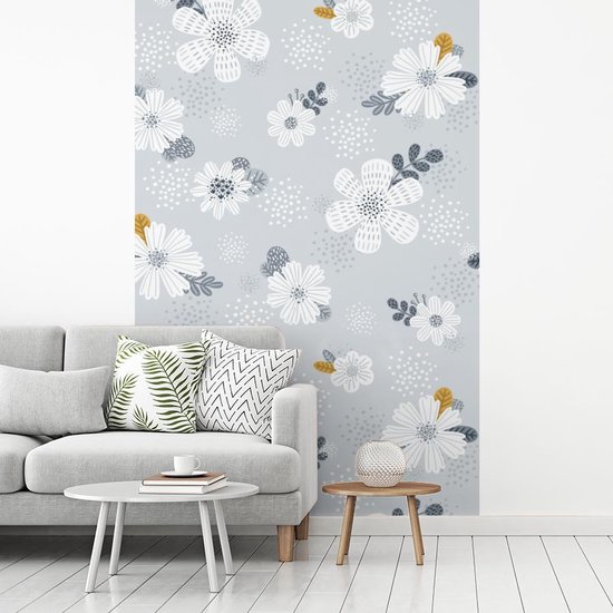 Motif pour enfants avec des fleurs blanches avec des feuilles bleues et brunes 200x300 cm