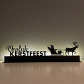 Design407 - Vrolijk Kerstfeest - 60 x 15,6cm - Kerstmis - Houten Decoratie - Feestdecoratie - Kerst - Silhouette - Kerstman met Rendier - Led Verlichting - USB aansluiting
