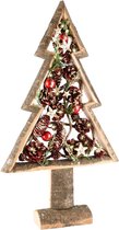 Kerstboom in hout met dennenappels - Bruin / beige / goud / rood - 25 x 8 x 35 cm hoog