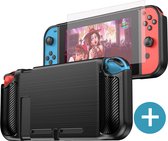 Nintendo Switch case - TPU Beschermhoes - Carbon Zwart - met Screenprotector Glas