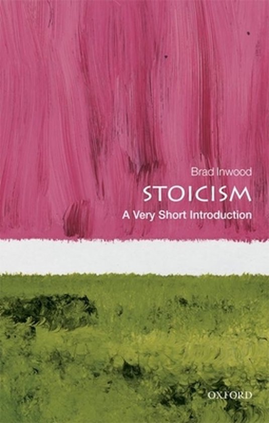 Livre Stoïcisme: Une Très Courte Introduction, avec un fond abstrait rose et vert.