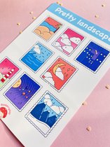 Rozeberryshop - Postzegel Stickers - Landschap - Wolken - Sterren - 11x15cm - Stickervellen - Stickers voor Volwassenen en Kinderen - Stickers - Bullet Journal - Planner - Agenda Stickers - S