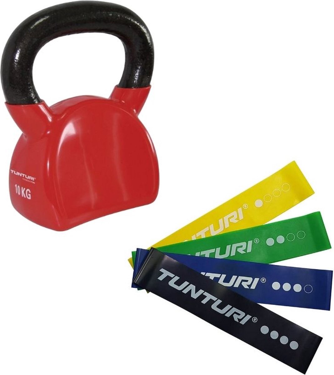 Tunturi - Fitness Set - Weerstandsbanden 4 stuks - Kettlebell 10 kg