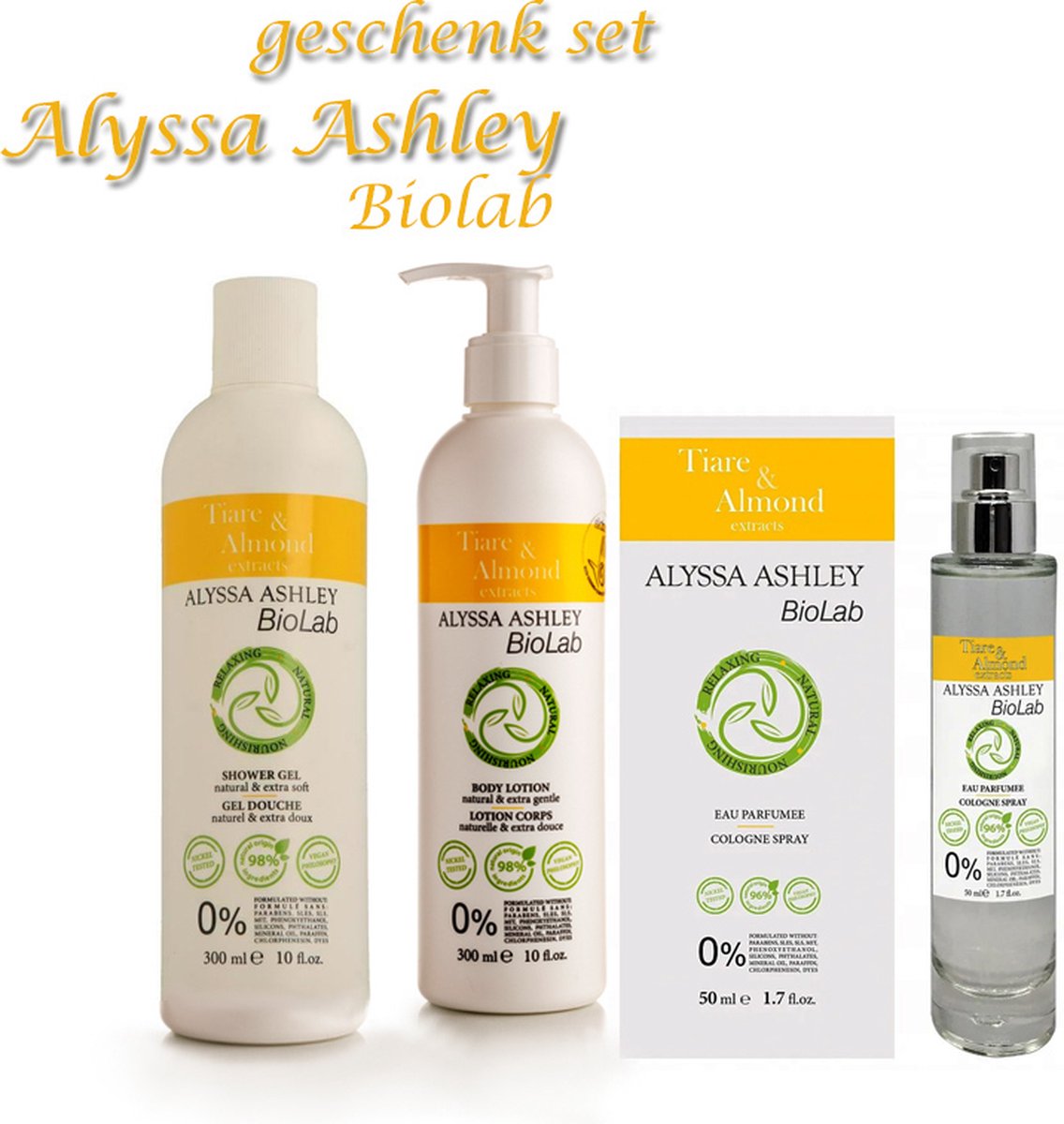 Goedkoopste Alyssa Ashley BioLab -Tiare & Almond- geschenkset Parfum, bodylotion en showergel