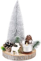Tafelstukje rond met hert, theelichthouder en kerstboom - Groen / zilver / creme - 14 x 14 x 21 cm hoog