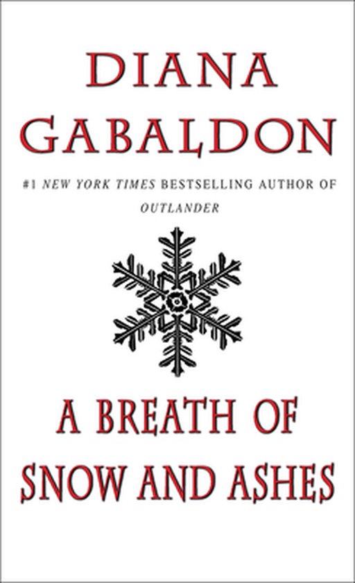 Boek "A Breath of Snow and Ashes" van Diana Gabaldon, met een sneeuwvlok symbool en rode letters.