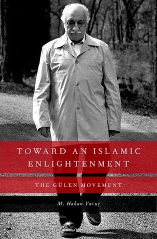 Een oudere man in een beige jas loopt naar voren, met de titel 'Toward an Islamic Enlightenment' en 'The Gülen Movement'.