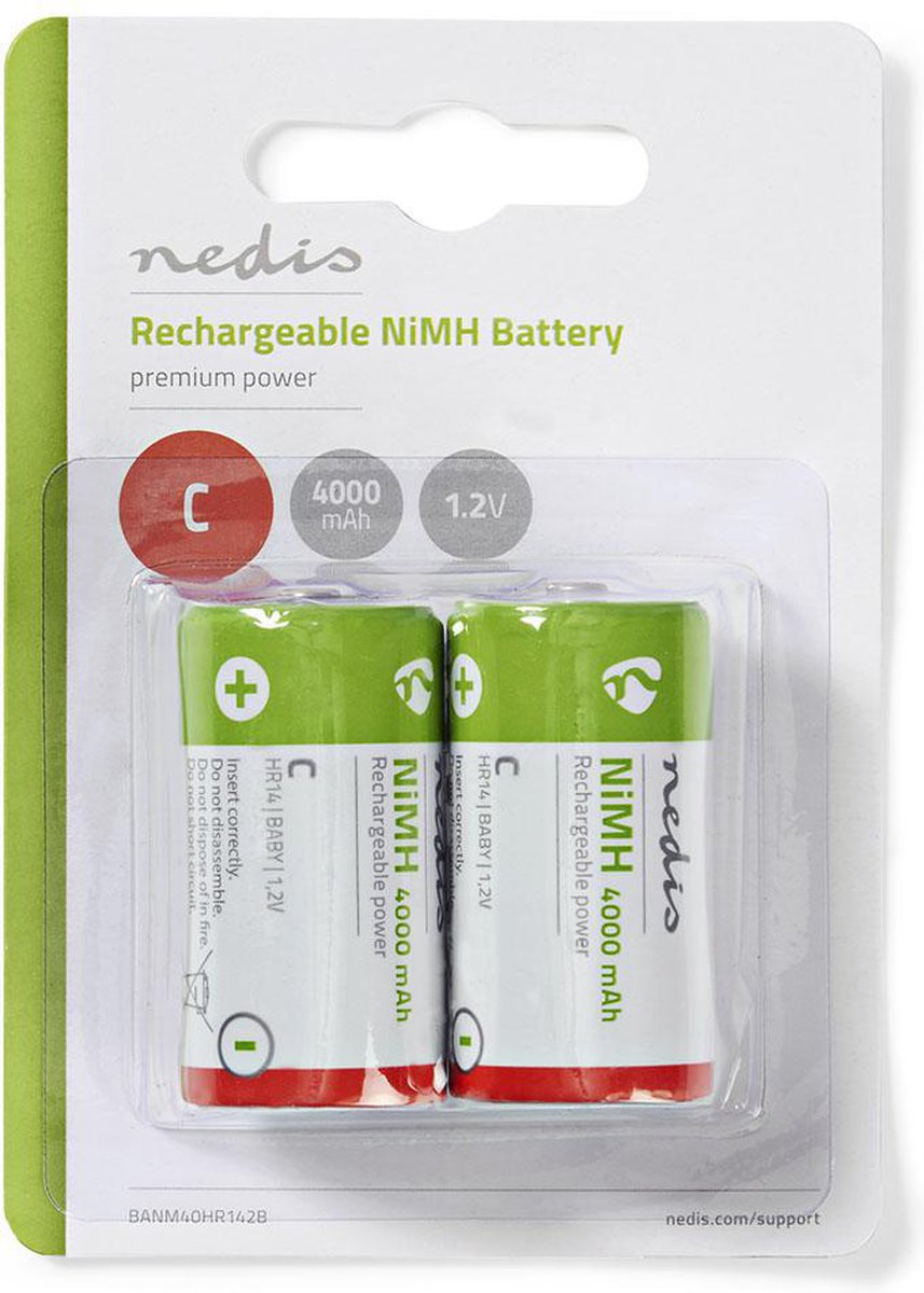 Nedis Oplaadbare NiMH-Batterij C - 1.2 V DC - 4000 mAh - Voorgeladen - 2-Blister - HR14 - Groen / Rood