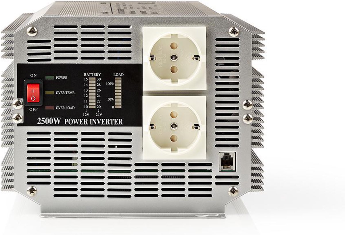 Nedis Inverter Gemodificeerde Sinusgolf - Ingangsvoltage: 24 V DC - Apparaat stroomoutput: Type F (CEE 7/3) - 230 V AC 50 Hz - 2500 W - Piekvermogen: 5000 W - Screw Terminal - Zilver