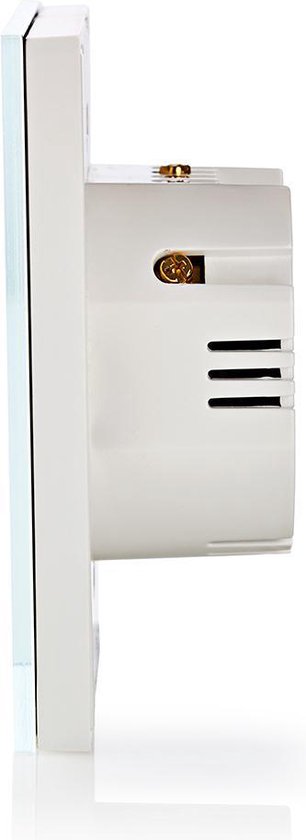 Zijaanzicht van een witte smartwandschakelaar met glazen frontplaat en inbouwbehuizing.