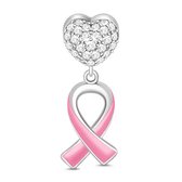 Tracelet - Zilveren bedels - Bedel Pink Ribbon - Hart met zirkonia en hangend lint - 925 Sterling Zilver - Pandora compatible - Met 925 zilver certificaat - In mooie cadeauverpakki