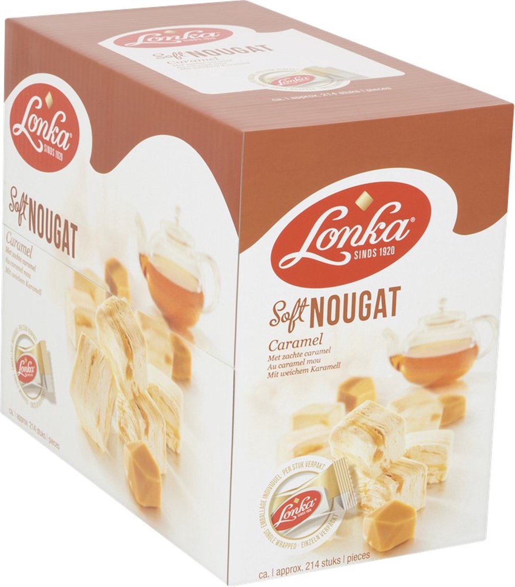 Lonka Soft Nougat Caramel snoep voordeelverpakking - lekkernij bij koffie en thee - 214 per stuk verpakte nougat blokjes à 2,57 kg snoepgoed - Lonka