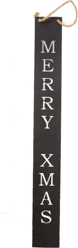 TEKSTBORD METAAL zwart - BLACK - MERRY XMAS MET KOORD - 76 CM HOOG X 9 cm breed