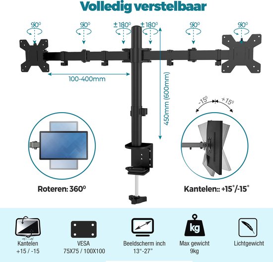 VDD Dubbele Monitor Arm - Monitor Beugel - Scherm Beugel - In Hoogte Verstelbaar - Voor 2 Schermen - Ergonomisch Ontwerp