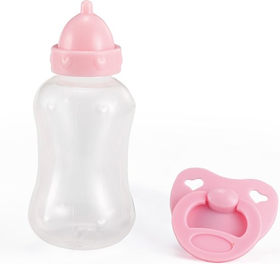 Roze flesje en fopspeen met hartjespatroon.