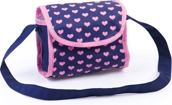 Donkerblauwe luiertas met roze hartjespatroon en een schouderband.