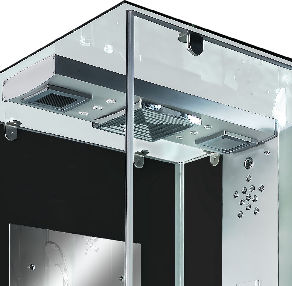 Complete Gesloten Douchecabine 90X90X215 Bastia. MENGKRAAN. Luxe, Kit-Vrij, Zwart, Veiligheidsglas, LED, Radio, Speakers, Massage, Hoekmodel, Vierkant, Scharnierdeur, Douchebak, Afvoer, Sifon, Verschillende Modellen, Full Options. Royal Sanitair thumbnail 4