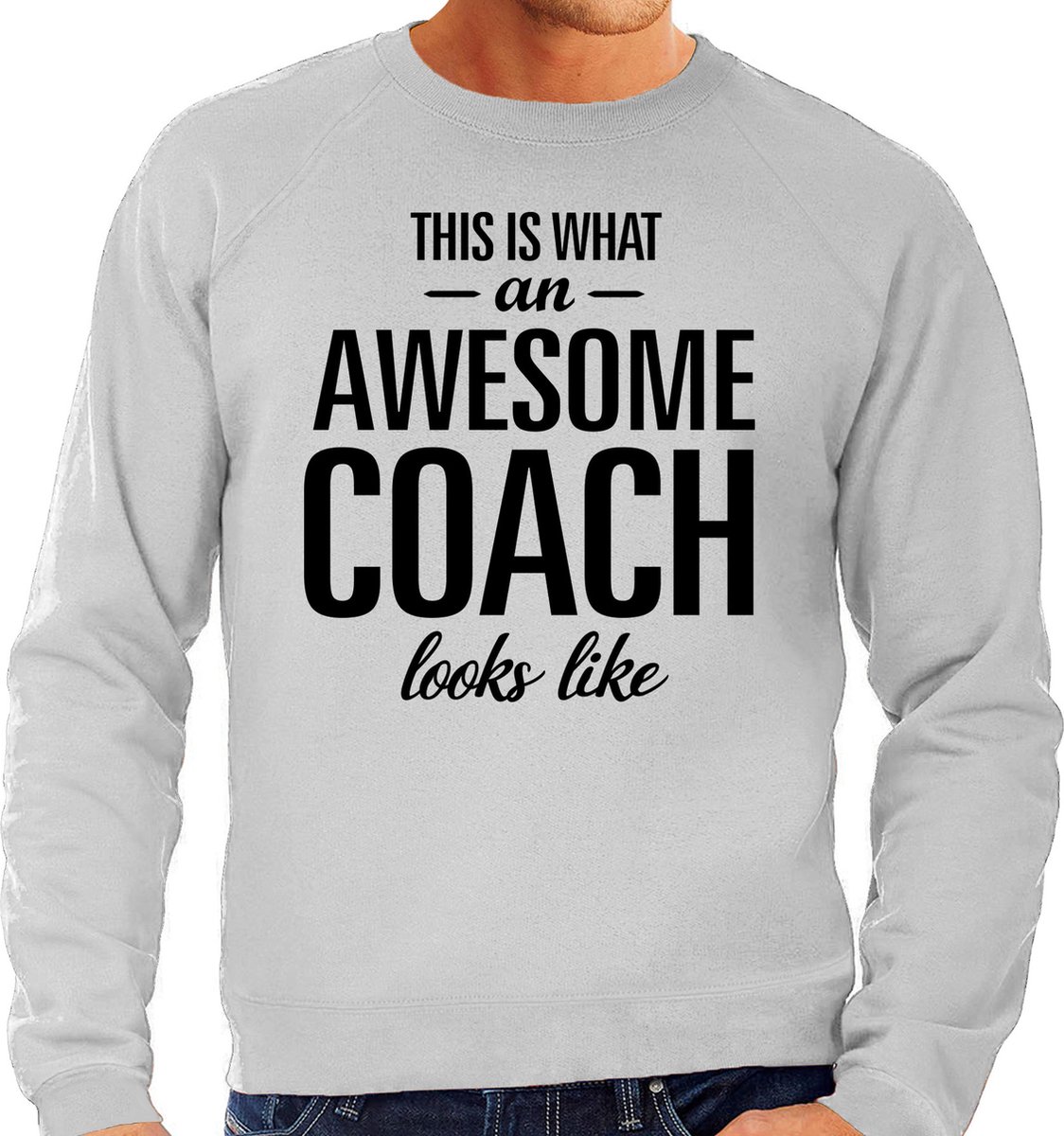 Afbeelding van product Bellatio Decorations  This is what an awesome coach looks like cadeau sweater grijs - heren - beroepen / cadeau trui S  - maat S