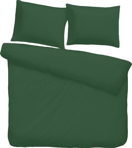 iSleep Satijnstreep Dekbedovertrek - Tweepersoons - 200x200/220 cm - Donker Groen