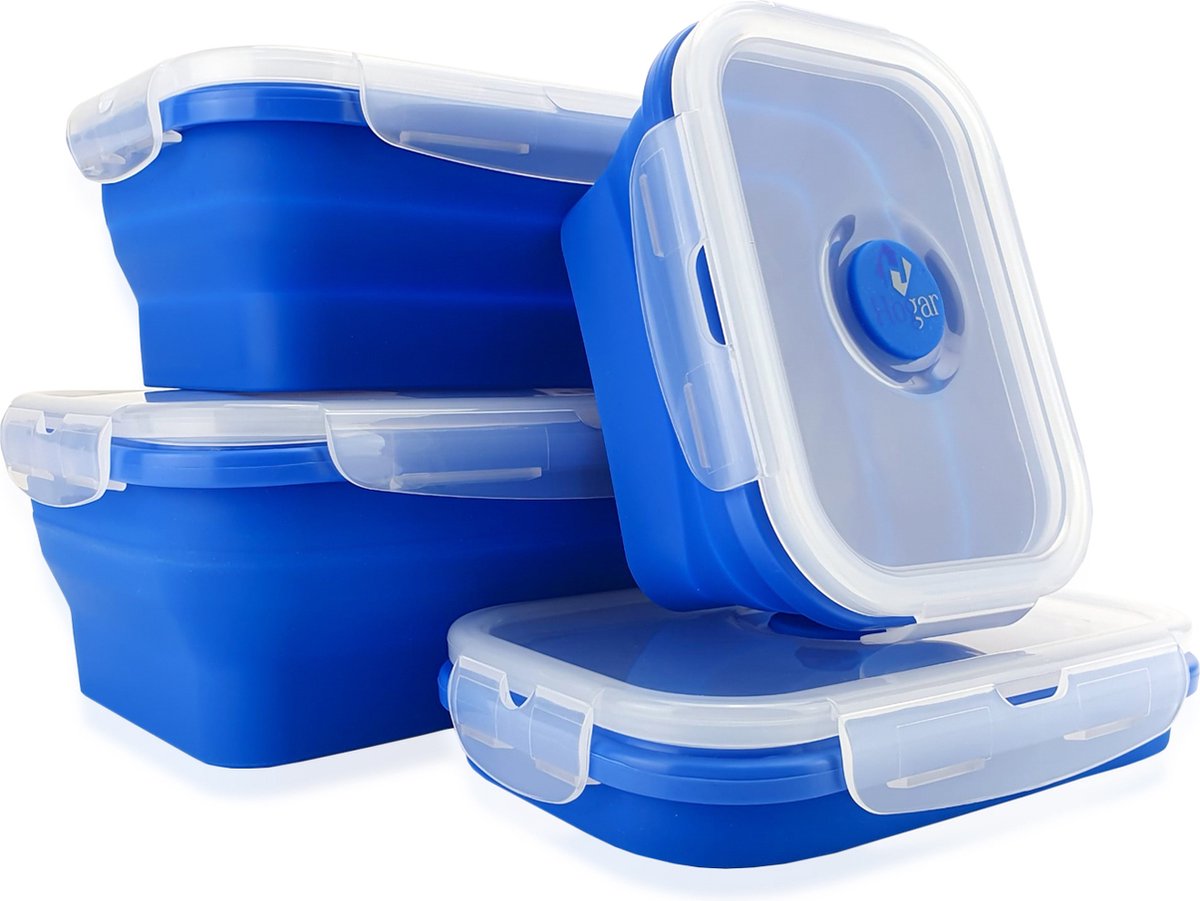 Hogar Vershoudbakjes - Meal Prep Bakjes - Vershouddoos - Set met Deksel - Diepvries & Magnetron - Inklapbaar - 4 Stuks - Anti lek Deksel - BPA vrij Siliconen