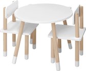 FURNIBELLA-Kindertafel met stoelen, 3-delig kinderzitje groep kindermeubels, 1 kindertafel en 2 kinderstoelen tafelset rond in kattenvorm van MDF en grenenhout in de kinderkamer, wit, 0009ETZ