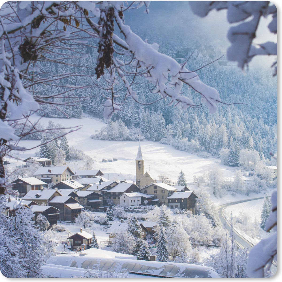Muismat 20x20 cm - Mousepad Alpen - Sneeuw - Dorp - Muismatten