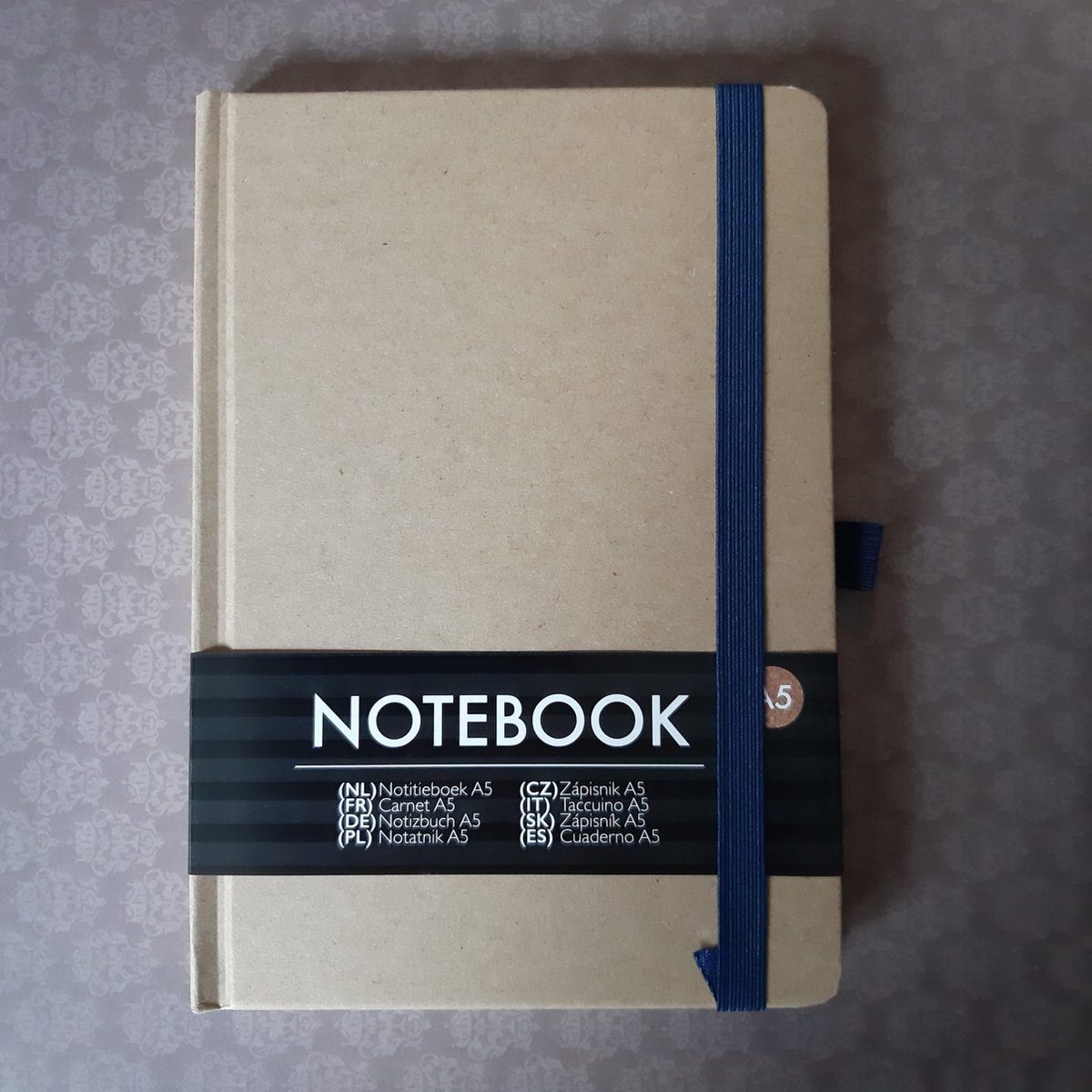 Notitieboek met elastiek en penloop - bruin - marineblauw