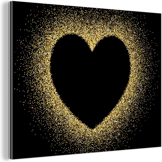Wanddecoratie Metaal - Aluminium Schilderij Industrieel - Gouden hart op een zwarte achtergrond - 40x30 cm - Dibond - Foto op aluminium - Industriële muurdecoratie - Voor de woonkamer/slaapkamer