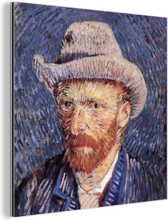 Wanddecoratie Metaal - Aluminium Schilderij Industrieel - Zelfportret met grijze vilthoed - Vincent van Gogh - 90x90 cm - Dibond - Foto op aluminium - Industriële muurdecoratie - Voor de woonkamer/slaapkamer
