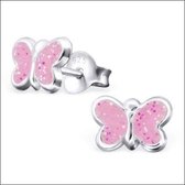Aramat jewels ® - Kinder oorbellen vlinder glitter roze 925 zilver 5mm x 8mm