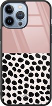 iPhone 13 Pro Max hoesje glass - Stippen roze | Apple iPhone 13 Pro Max  case | Hardcase backcover zwart