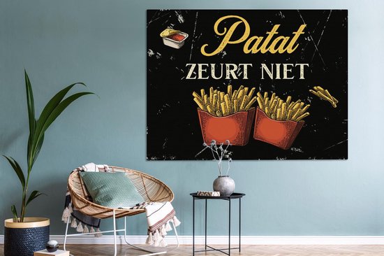 Toile Peinture Frites - Vintage - Citation - 160x120 cm - Décoration murale XXL - Cadeau femme - Cadeau homme