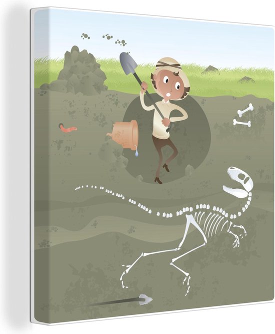 Une illustration d'un archéologue en train de fouiller une toile de dinosaure 90x90 cm - Tirage photo sur toile (Décoration murale salon / chambre)