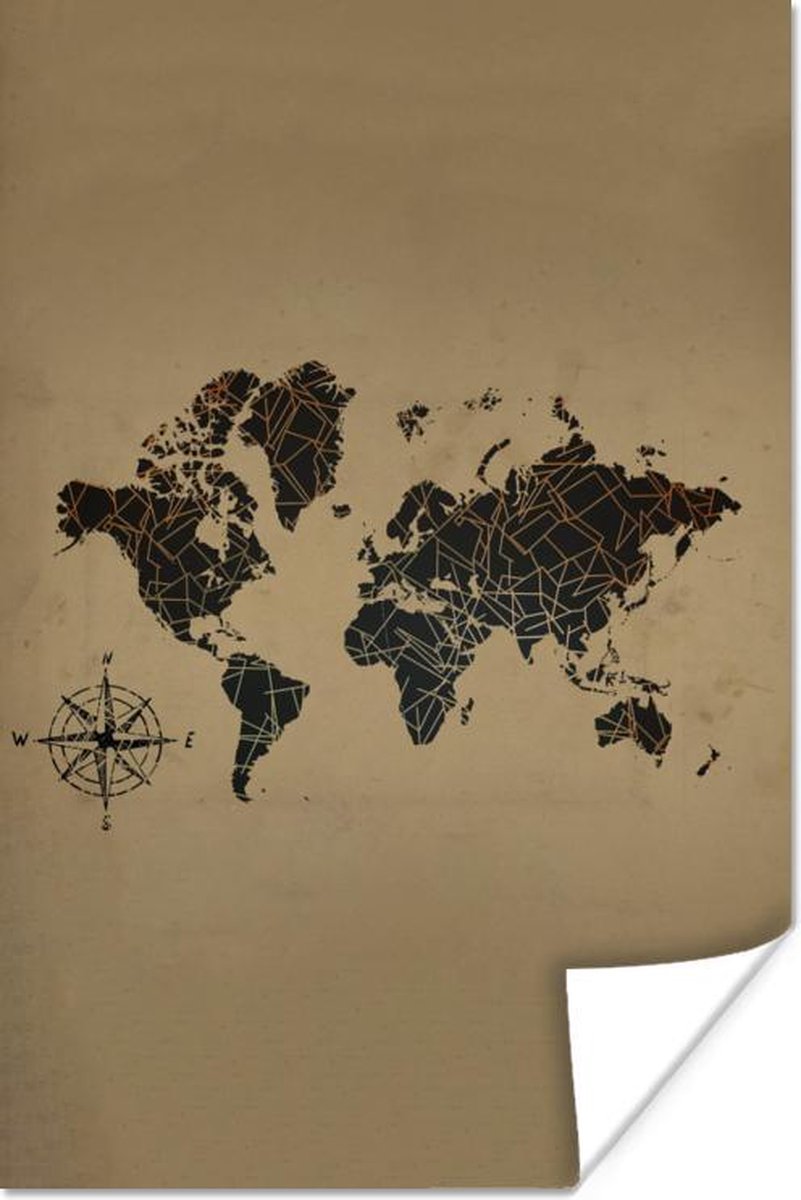 Afbeelding van product PosterMonkey  Wanddecoratie - Wereldkaart - Zwart - Windroos - 40x60 cm - Poster