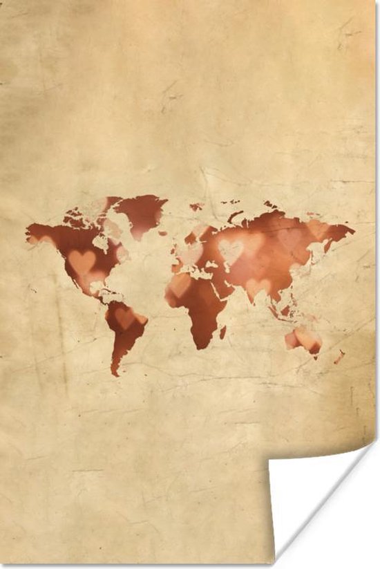 Affiche Wereldkaart - Coeur - Papyrus - 60x90 cm