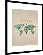 Fotolijst incl. Poster - Wereldkaart - Turquoise - Planten - 60x80 cm - Posterlijst