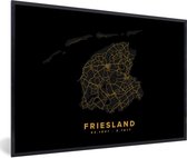 Fotolijst incl. Poster - Friesland - Kaart - Black and gold - 120x80 cm - Posterlijst
