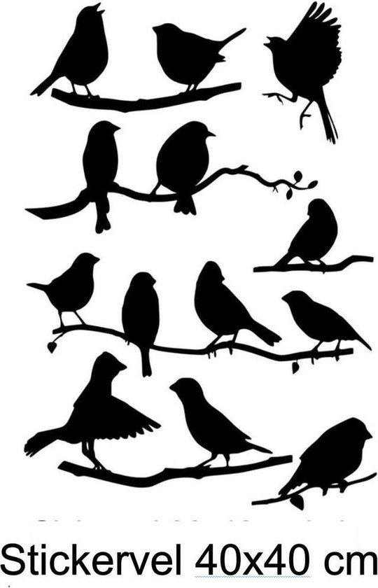 Raam / muur stickers vrolijke vogels op 3  takken 30 cm x 40 cm bxh