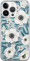iPhone 13 Pro hoesje siliconen - Witte bloemen - Soft Case Telefoonhoesje - Bloemen - Transparant, Blauw