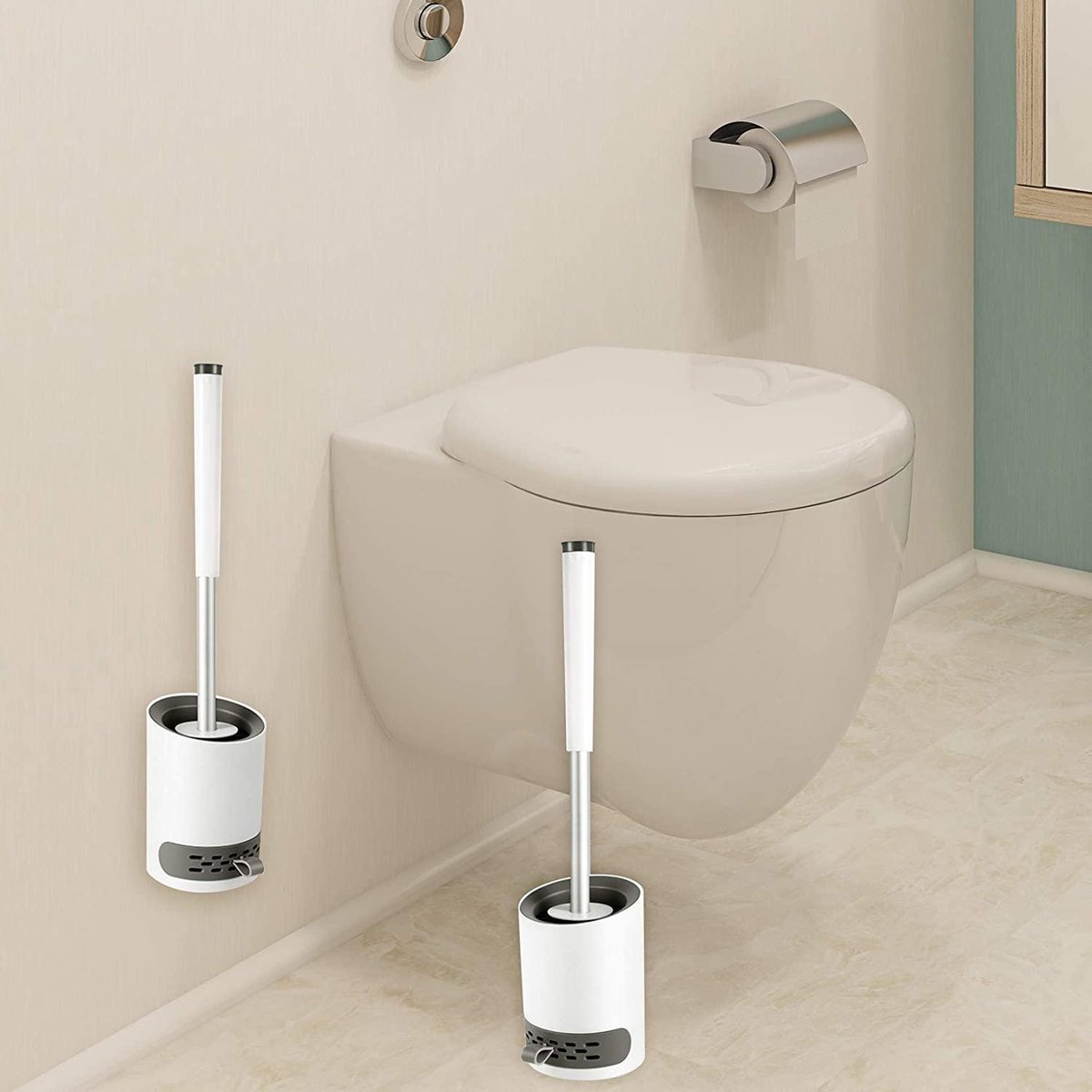 MONTKIARA Siliconen WC-Borstel en -Houder Siliconen Toiletborstel Set met Zachte Borstelharen Pincet Sticker Diatomeeën Modderpad Toiletdekselheffer voor Badkamer Keuken Wandmontage Vloer Staand (Wit & Grijs)